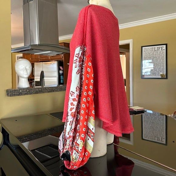 We The Free Waffle Knit Mixed Media Oversized Thermal Drapey Paisley Sleeve Top - Picture 4 of 12